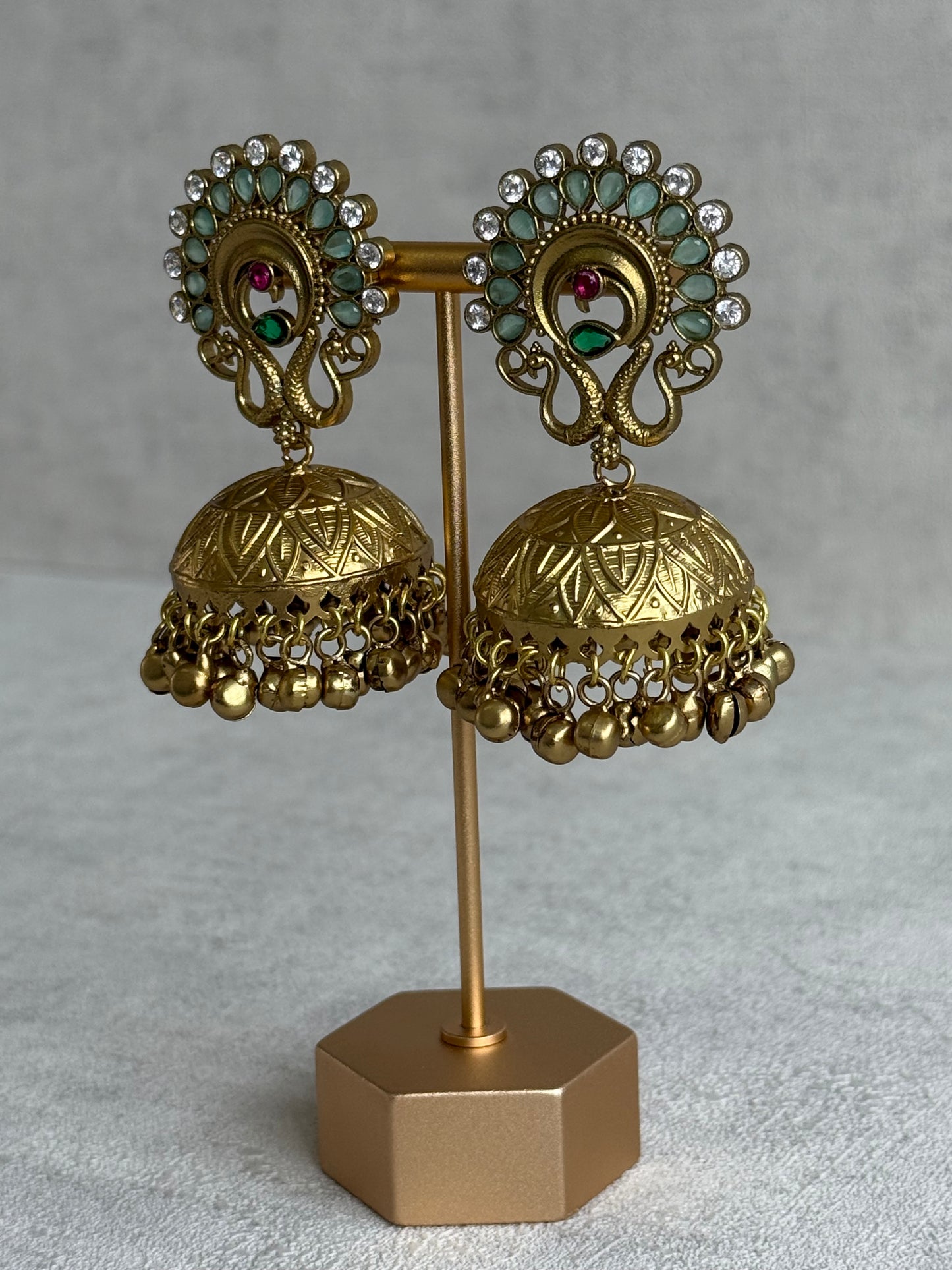 Ayura Designs Moraya Jhumkis – Mint Green Peacock Motif with Antique Gold Detailing