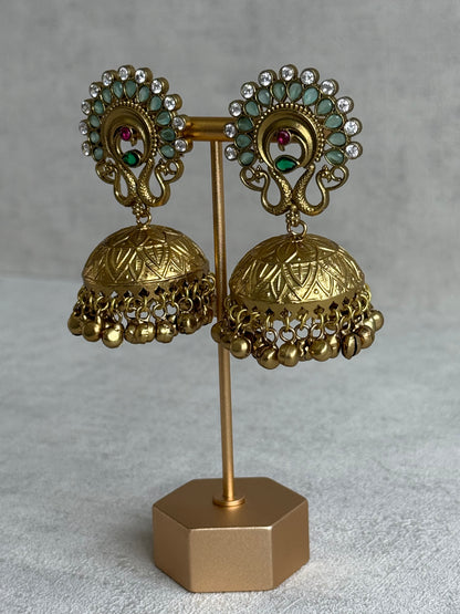 Ayura Designs Moraya Jhumkis – Mint Green Peacock Motif with Antique Gold Detailing