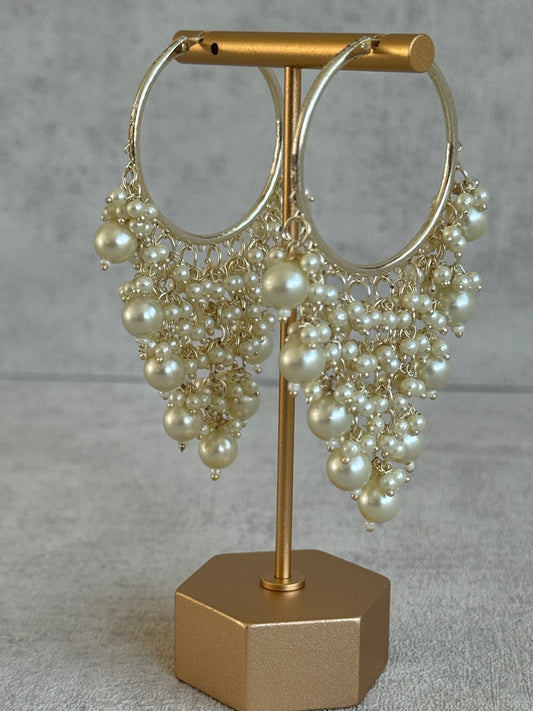 Ayura Designs Lehar Balis – Pearl Hoop Earrings with Cascading Clusters & Antique Gold Finish