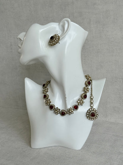 Ayura Designs Ivy Necklace Set with Studs & Tikka – Ruby Red Kundan Detailing