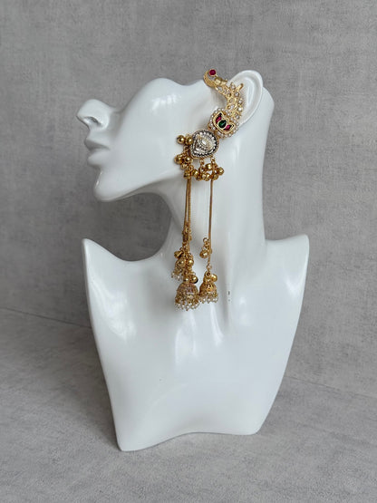Ayura Designs Kaifiya Earrings – Peacock-Inspired Half Ear Cuff Jhumkis with Ruby Pink & Emerald Stones