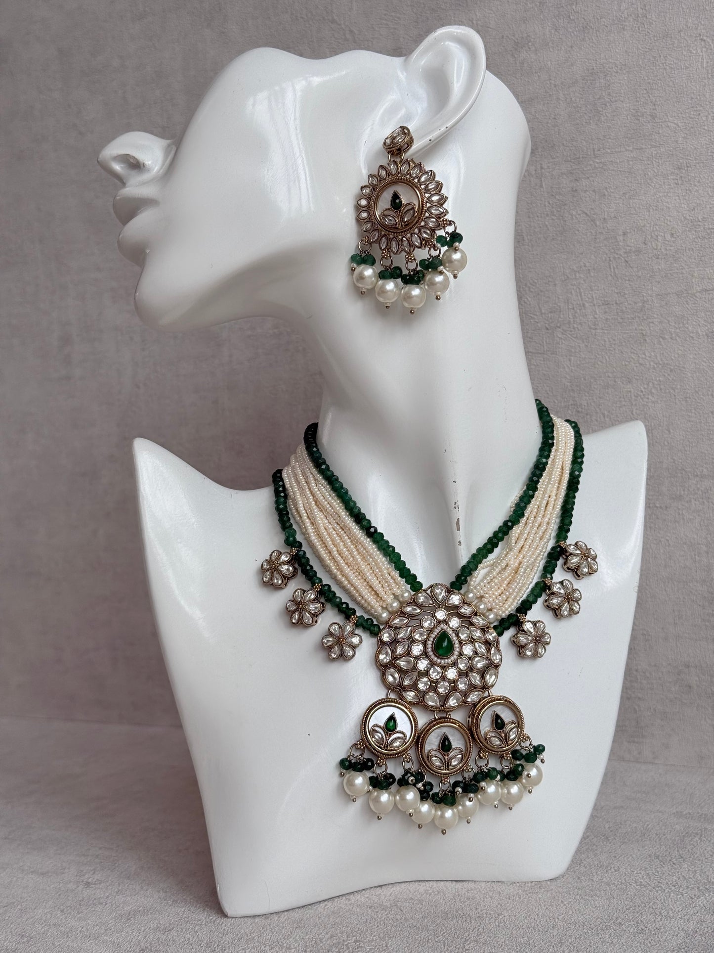 Ayura Designs Callie Set with Earrings – Emerald Green, Ivory Pearl & Jadau Detailing