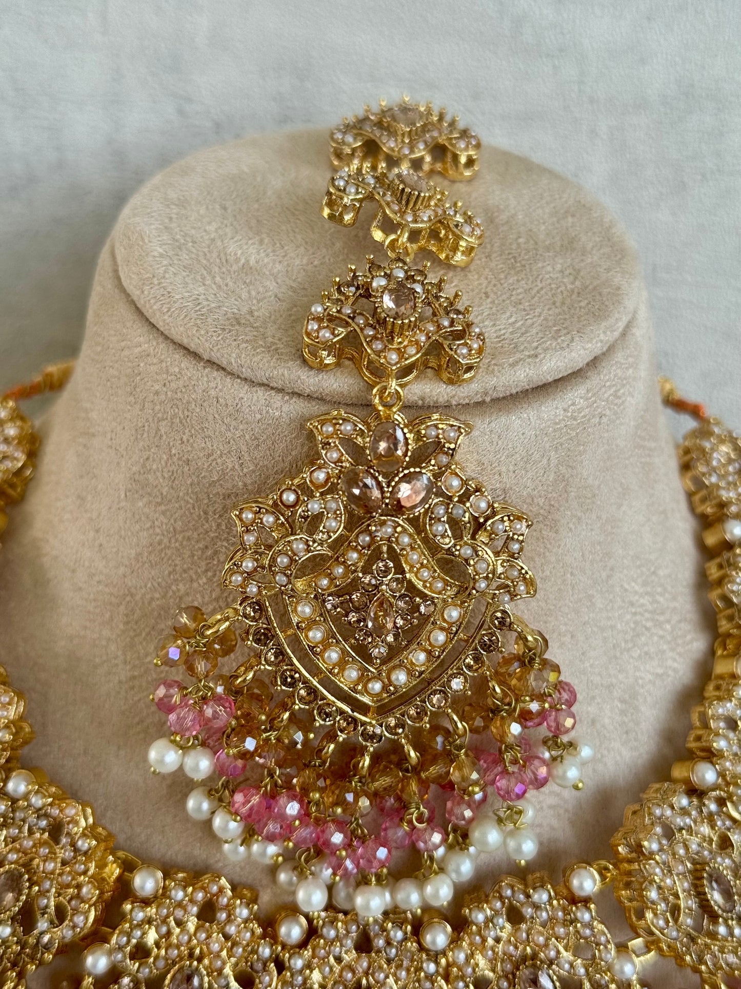 Ayura Designs Faryal Bridal Set with Necklace, Earrings, Tikka & Jhoomar – Antique Gold, Pearl & Blush Pink Detailing