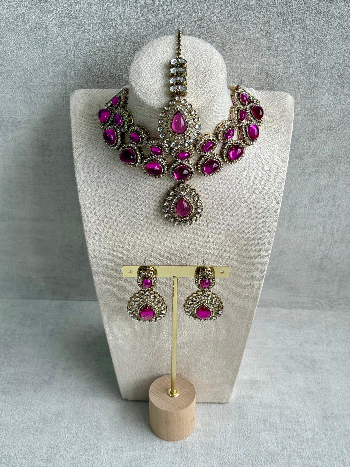 Ayura Designs Tamara Set with Necklace, Earrings & Tikka – Fuchsia Stones, Kundan Borders & Antique Gold Finish