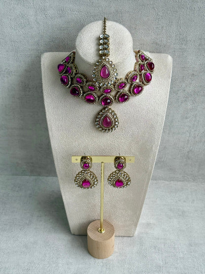 Ayura Designs Tamara Set with Necklace, Earrings & Tikka – Fuchsia Stones, Kundan Borders & Antique Gold Finish