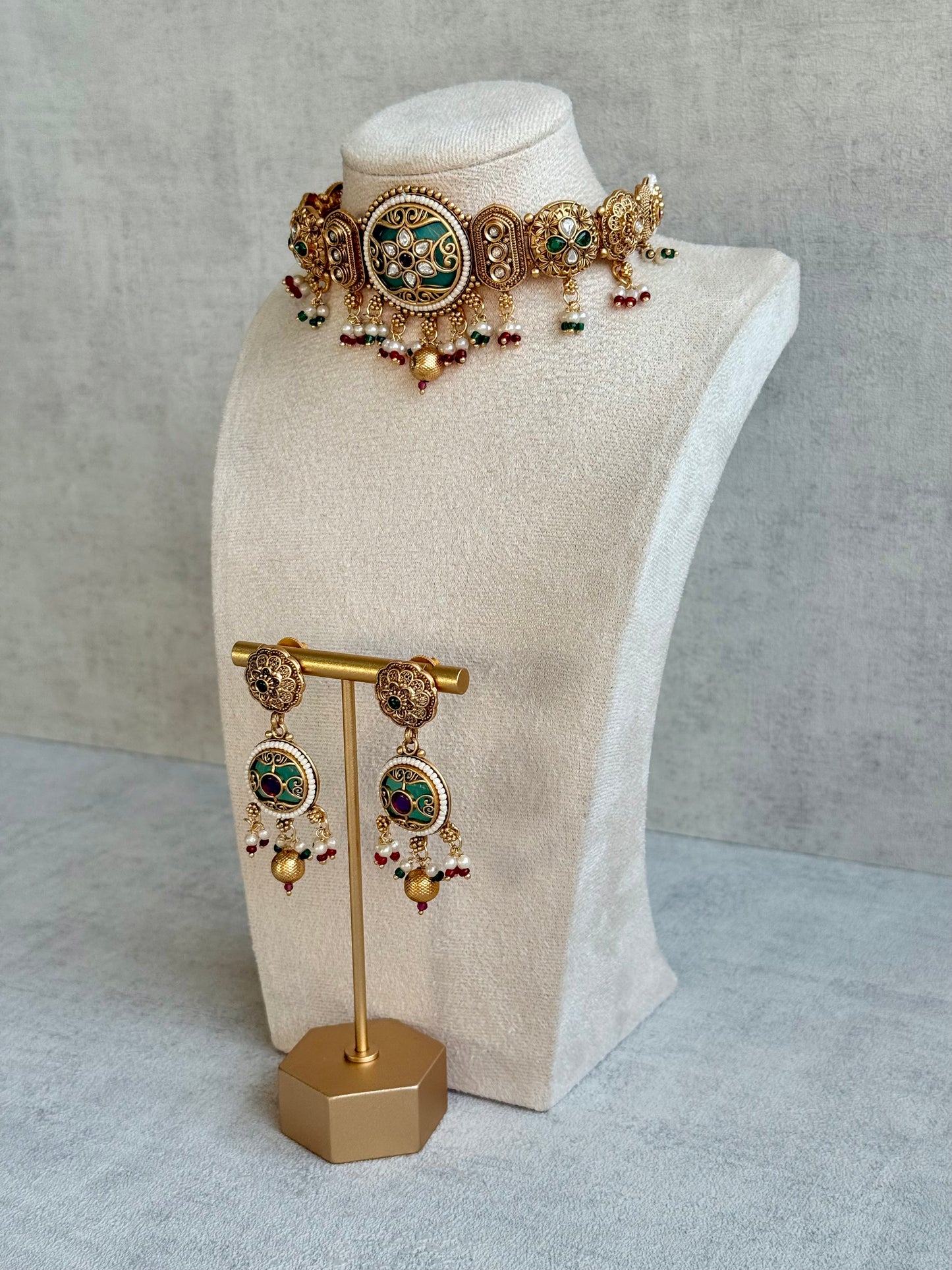 Ayura Designs Haya Choker Set with Stud Earrings – Emerald Enamel with Rani Pink Stones and Pearl Drop Detailing