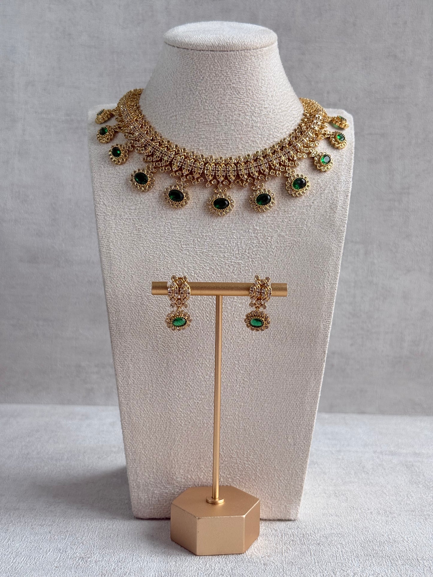 Ayura Designs Elisha Necklace Set with Earrings – Emerald Green & Crystal Stone Detailing