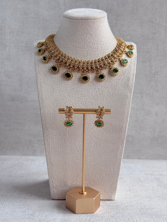 Ayura Designs Elisha Necklace Set with Earrings – Emerald Green & Crystal Stone Detailing