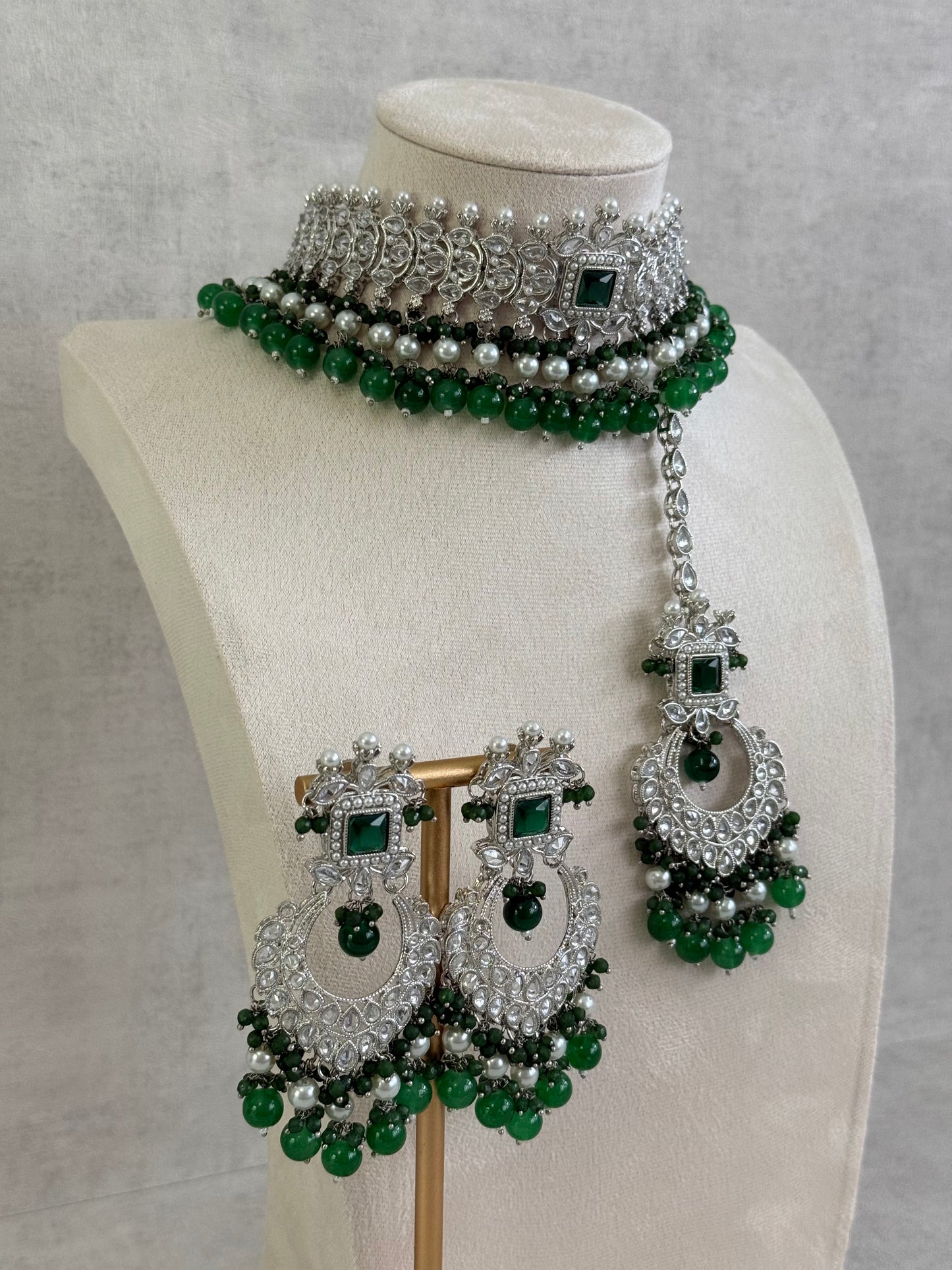 Ayura Designs Sarwat Choker Set – Emerald Green Stones, Ivory Pearl Drops & Antique Silver Finish