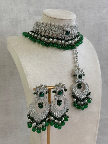 Ayura Designs Sarwat Choker Set – Emerald Green Stones, Ivory Pearl Drops & Antique Silver Finish