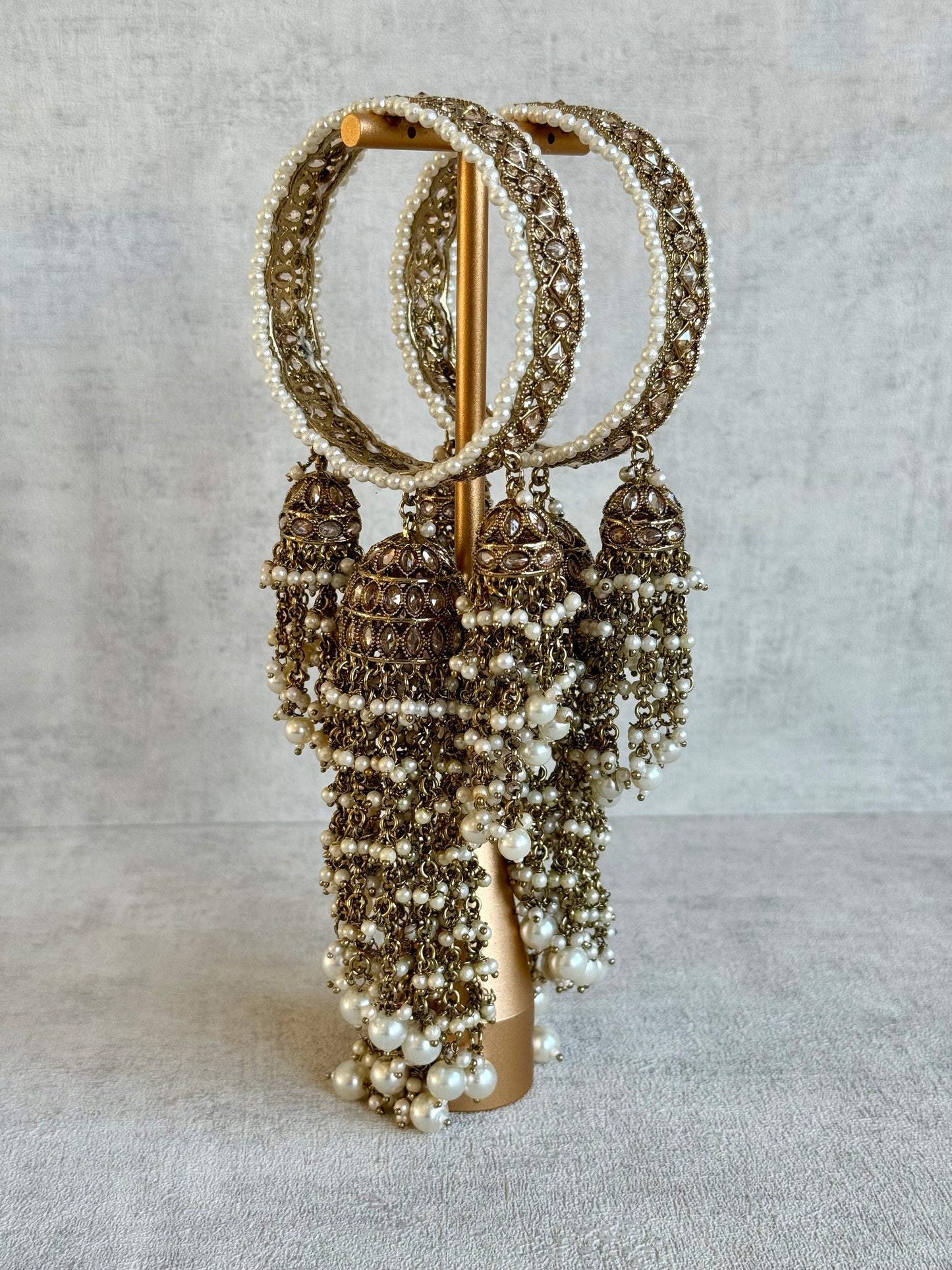 Ayura Designs Arsh Kangan – Pearl Studded Statement Bangles with Jhumki Tassels