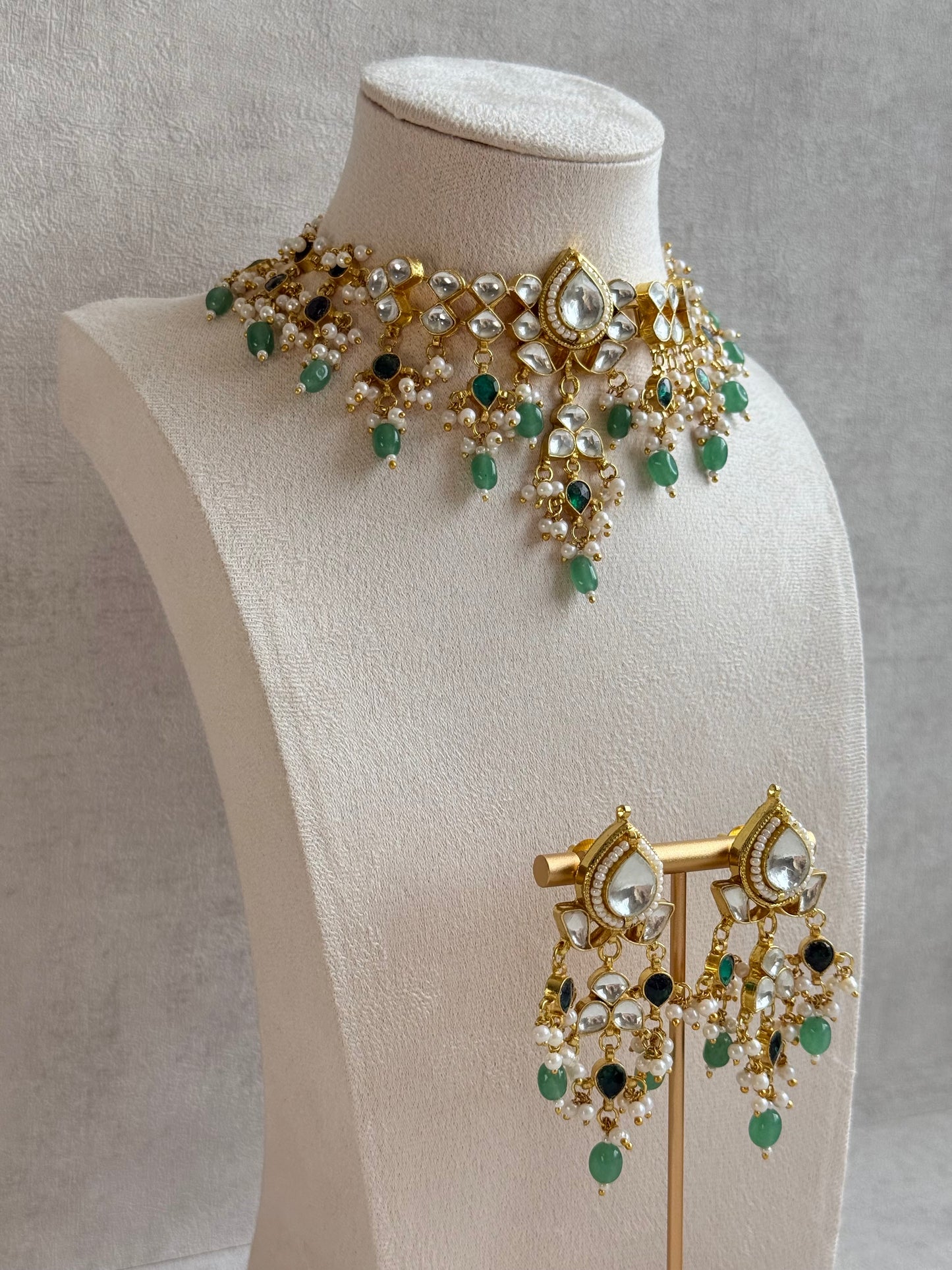 Ayura Designs Naksh Kundan Choker Set with Earrings & Emerald Green Bead Detailing