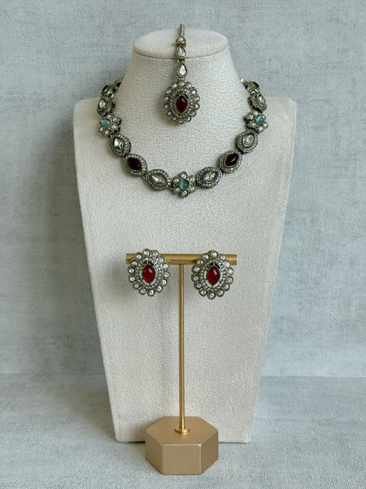 Ayura Designs Ivy Necklace Set with Studs & Tikka – Ruby Red & Mint Green Kundan Detailing