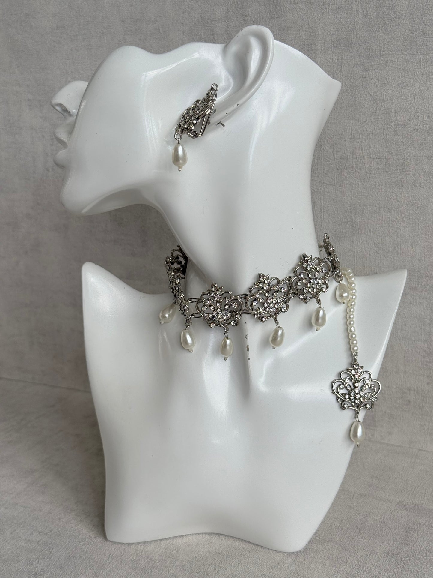 Ayura Designs Alina Choker Set with Earrings & Tikka – Silver Crystal Floral Choker with Pearl Drops