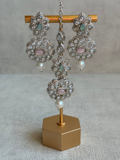 Ayura Designs Sumbul Set with Necklace, Earrings & Tikka – Mint & Blush Stones, Mirror-Cut Accents & Pearl Drops