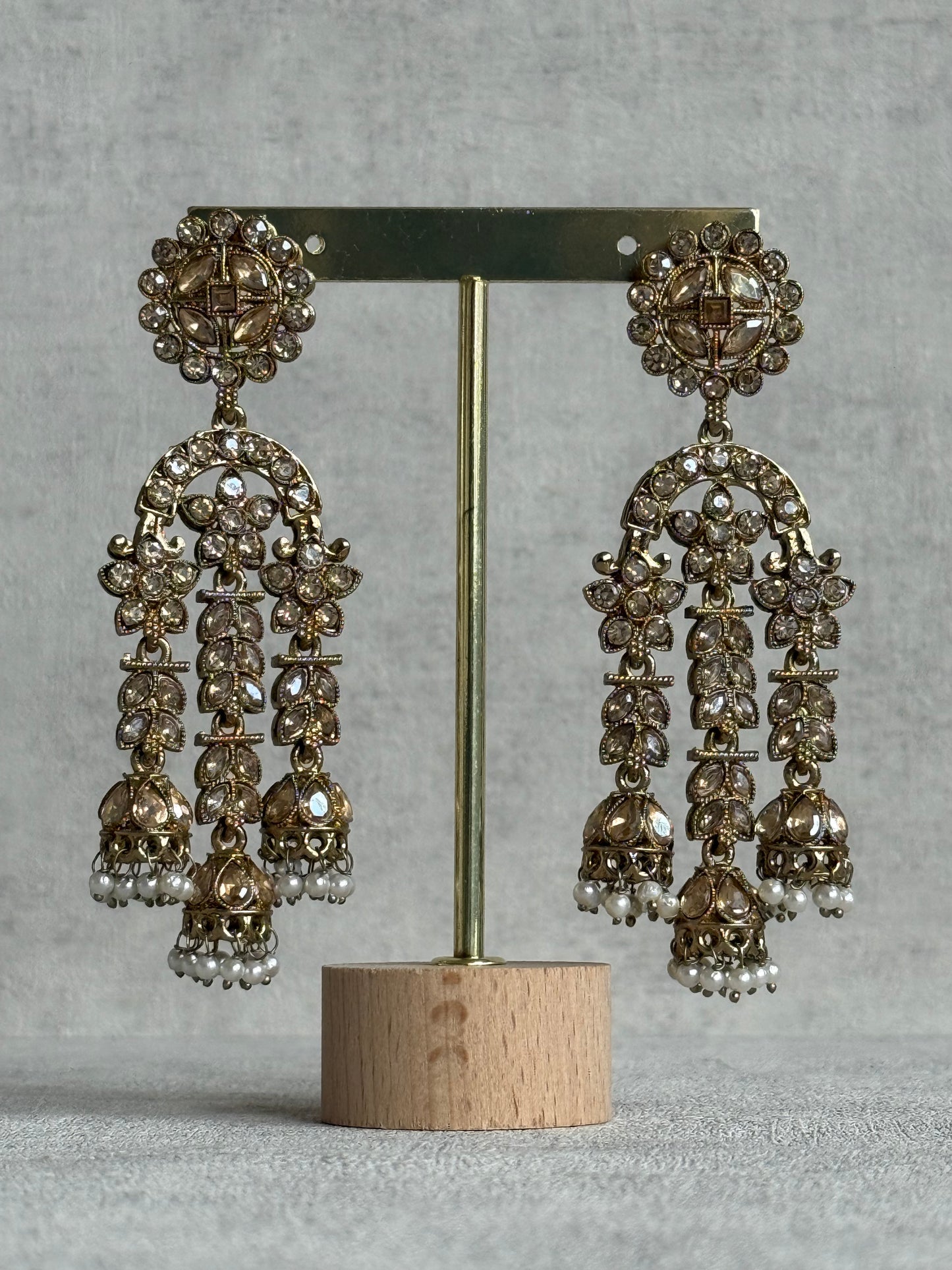 Ayura Designs Soraya Earrings – Champagne Stones, Mirror-Cut Crystals, Pearl Detailing & Gold Finish