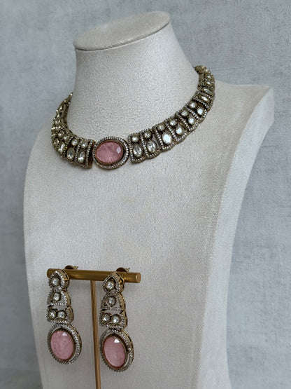 Ayura Designs Sadie Necklace Set with Earrings – Blush Pink Centre Stone, Moissanite Style Stones & Crystal Halo Detailing