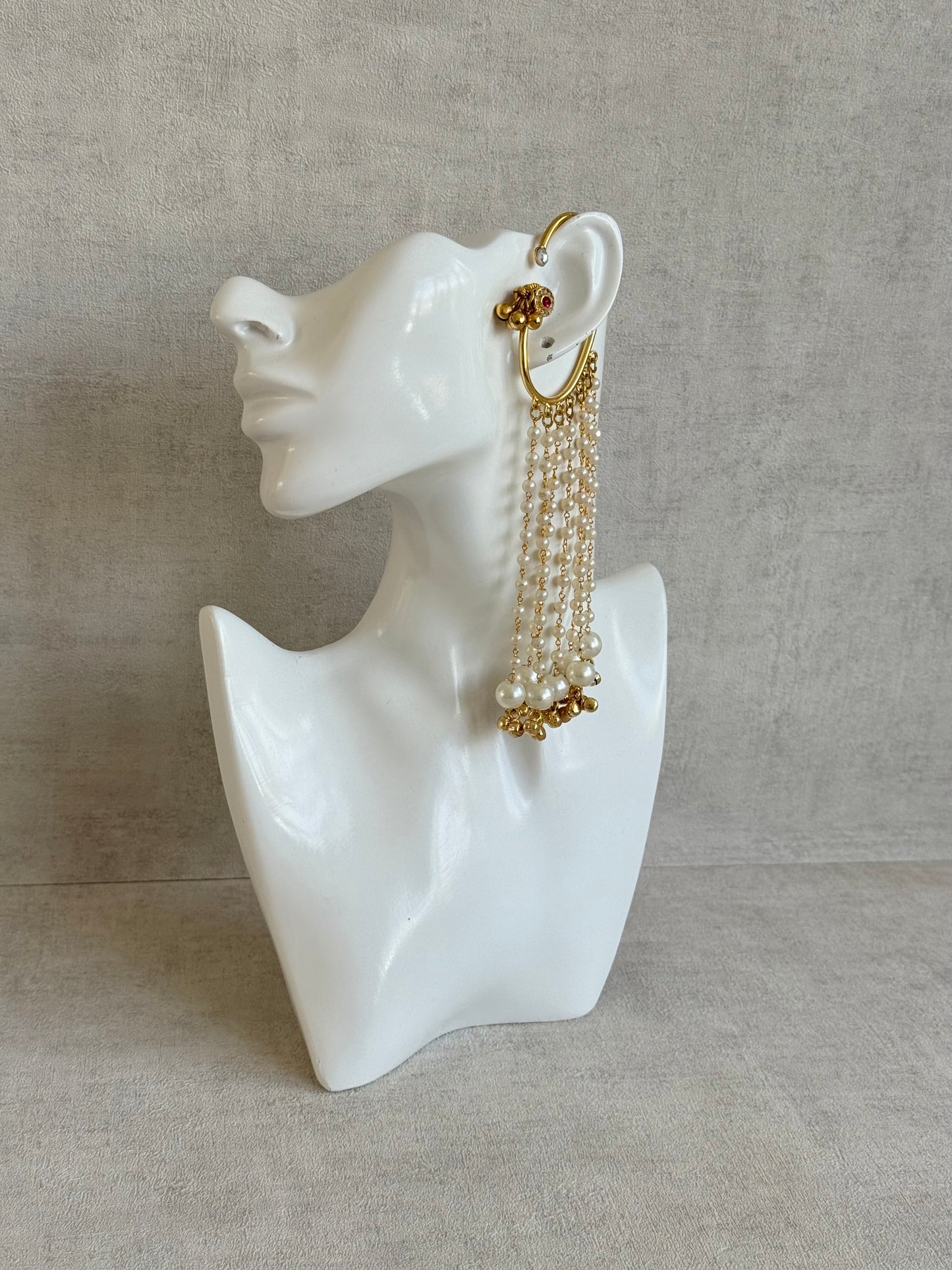 Ayura Designs Nargiza Ear Cuffs – Pearl Tassel Ear Cuffs with Ghungroo Detailing & Ruby Stone Accents