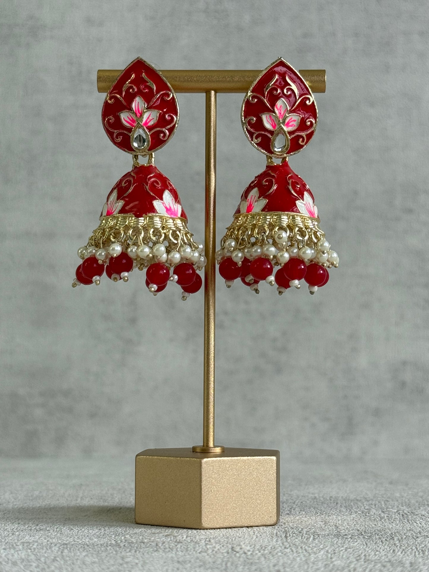Ayura Designs Gia Jhumkis – Red Meenakari with Pink Lotus Motifs & Ivory Pearl Drops