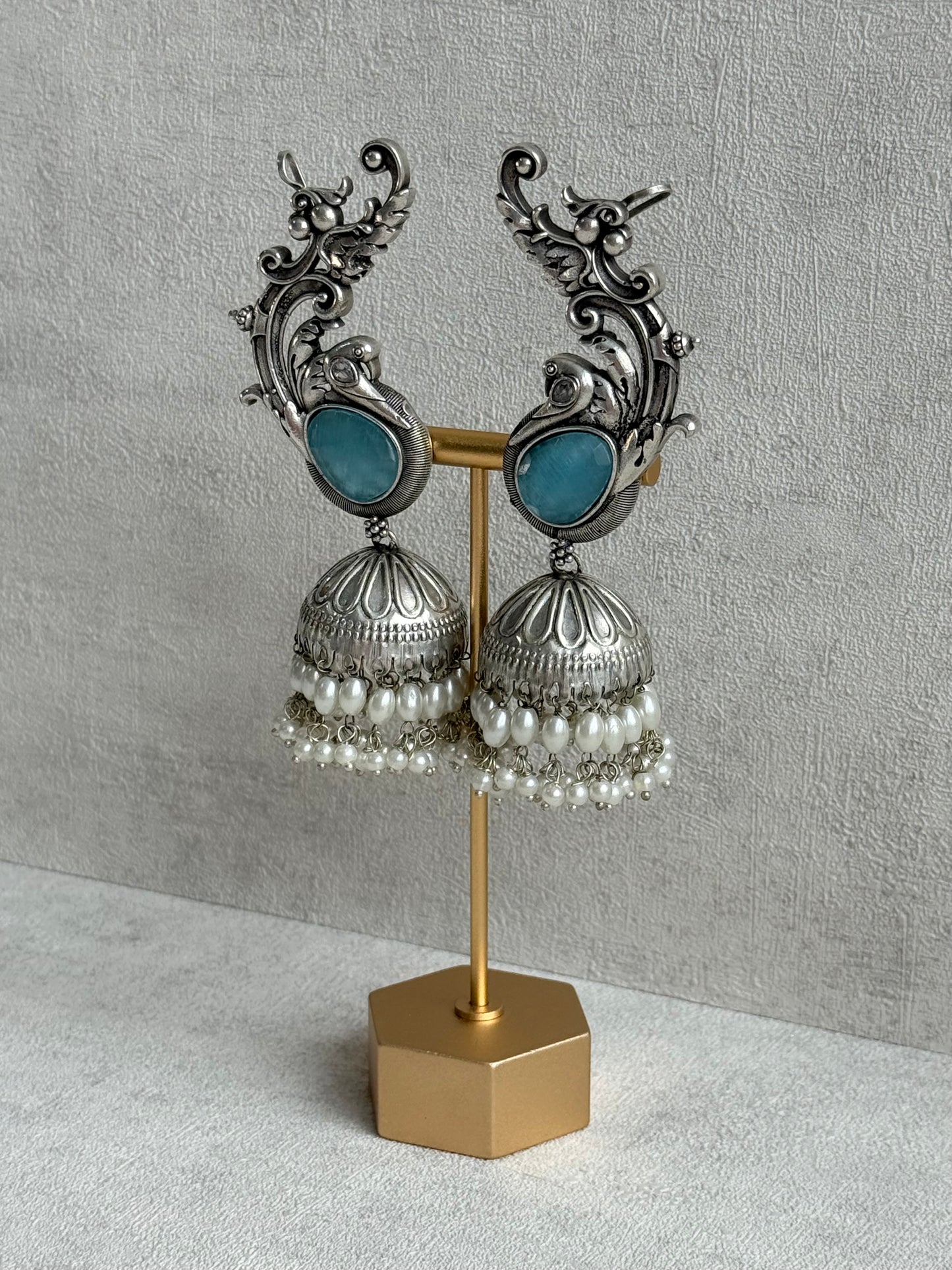 Ayura Designs Manzil Earrings – Oxidised Silver Ear Cuff Jhumkis with Aqua Stones & Pearl Detailing