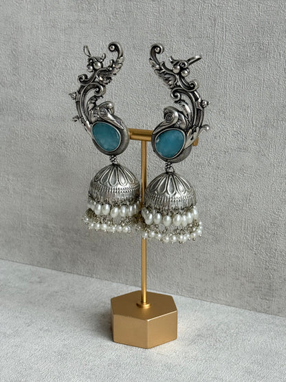 Ayura Designs Manzil Earrings – Oxidised Silver Ear Cuff Jhumkis with Aqua Stones & Pearl Detailing