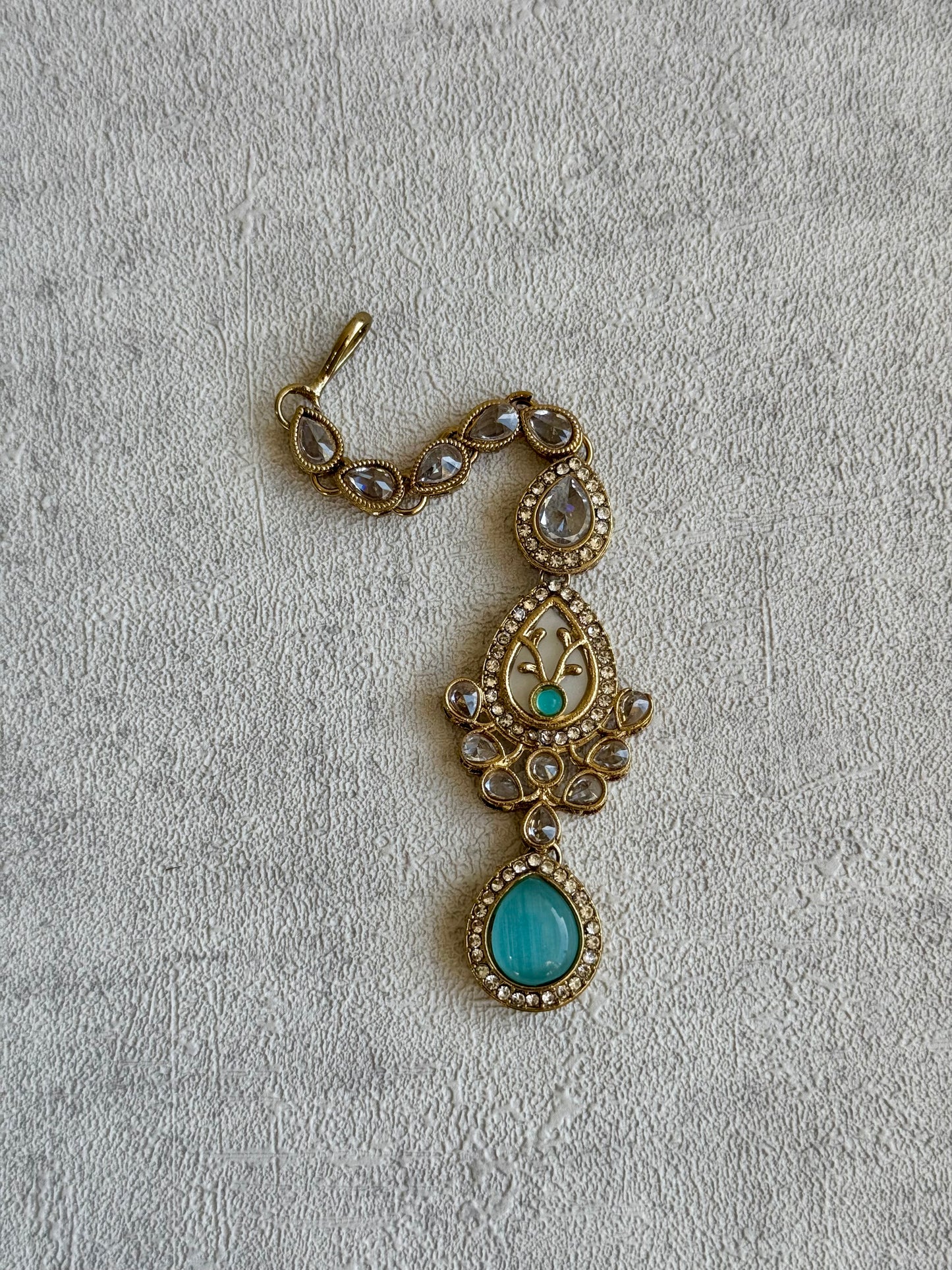 Ayura Designs Ayaani Long Necklace/Haar Set — Exquisite Turquoise and Gold Ensemble with Earrings & Tikka