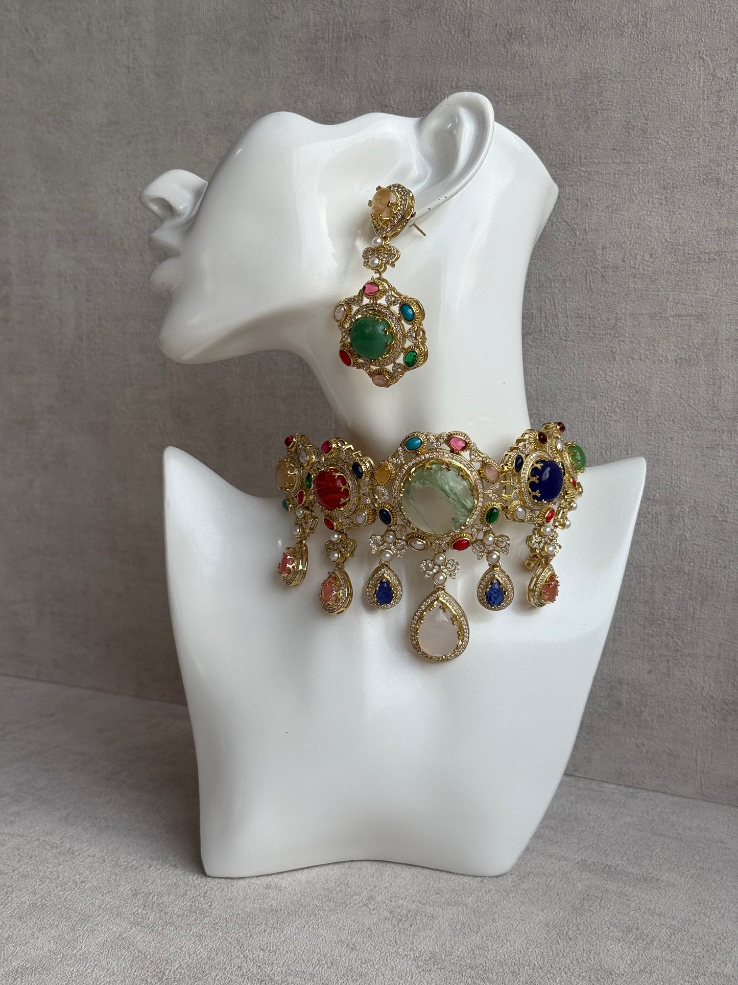 Ayura Designs Willow Choker Set – Statement Multicolour Stone Choker with Pearls & Antique Gold Detailing