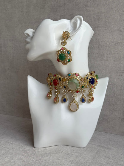 Ayura Designs Willow Choker Set – Statement Multicolour Stone Choker with Pearls & Antique Gold Detailing