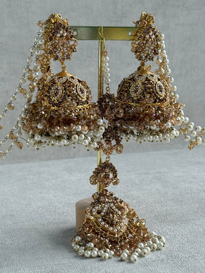 Ayura Designs Safia Tikka Set with Sahare Earrings – Champagne Gold Beads & Pearls