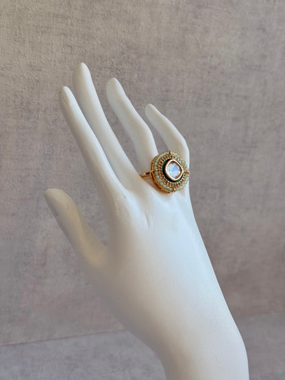 Ayura Designs Roselle Adjustable Ring – Moissanite Centre with Crystal Border & Mint Green Beads