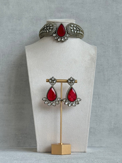 Ayura Designs Ziva Choker Set with Earrings – Ruby Red Teardrop Stone with Moissanite Style Detailing