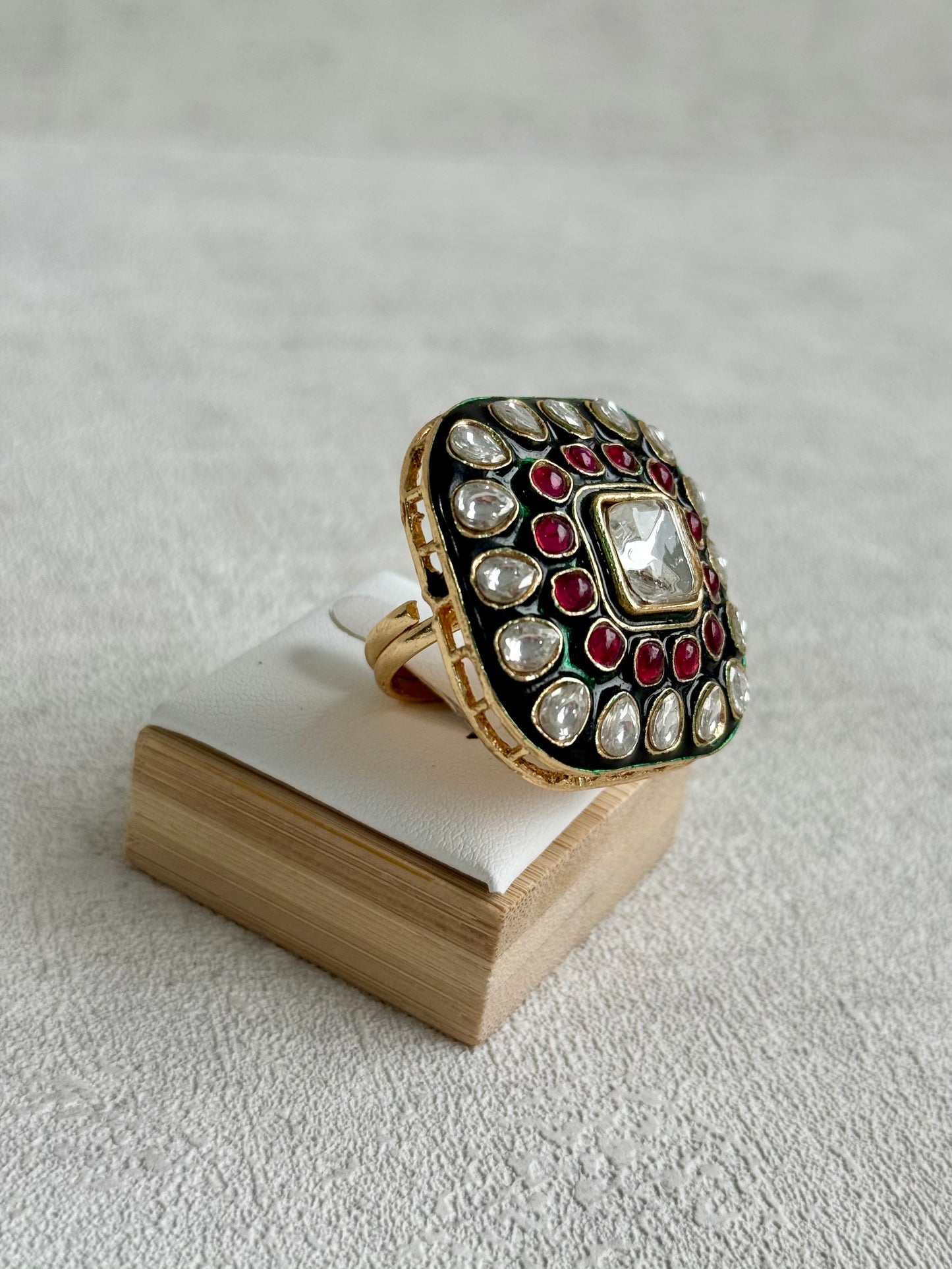 Ayura Designs Arzoo Adjustable Ring – Mirror-Cut Stone Centre with Ruby Pink Stones, Green Enamel & Crystal Detailing