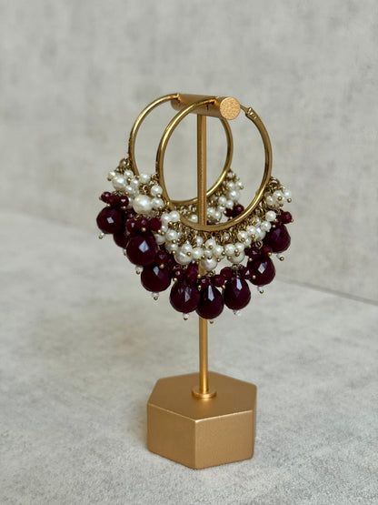 Ayura Designs Jhanak Balis – Pearl Hoops with Wine-Coloured Beads