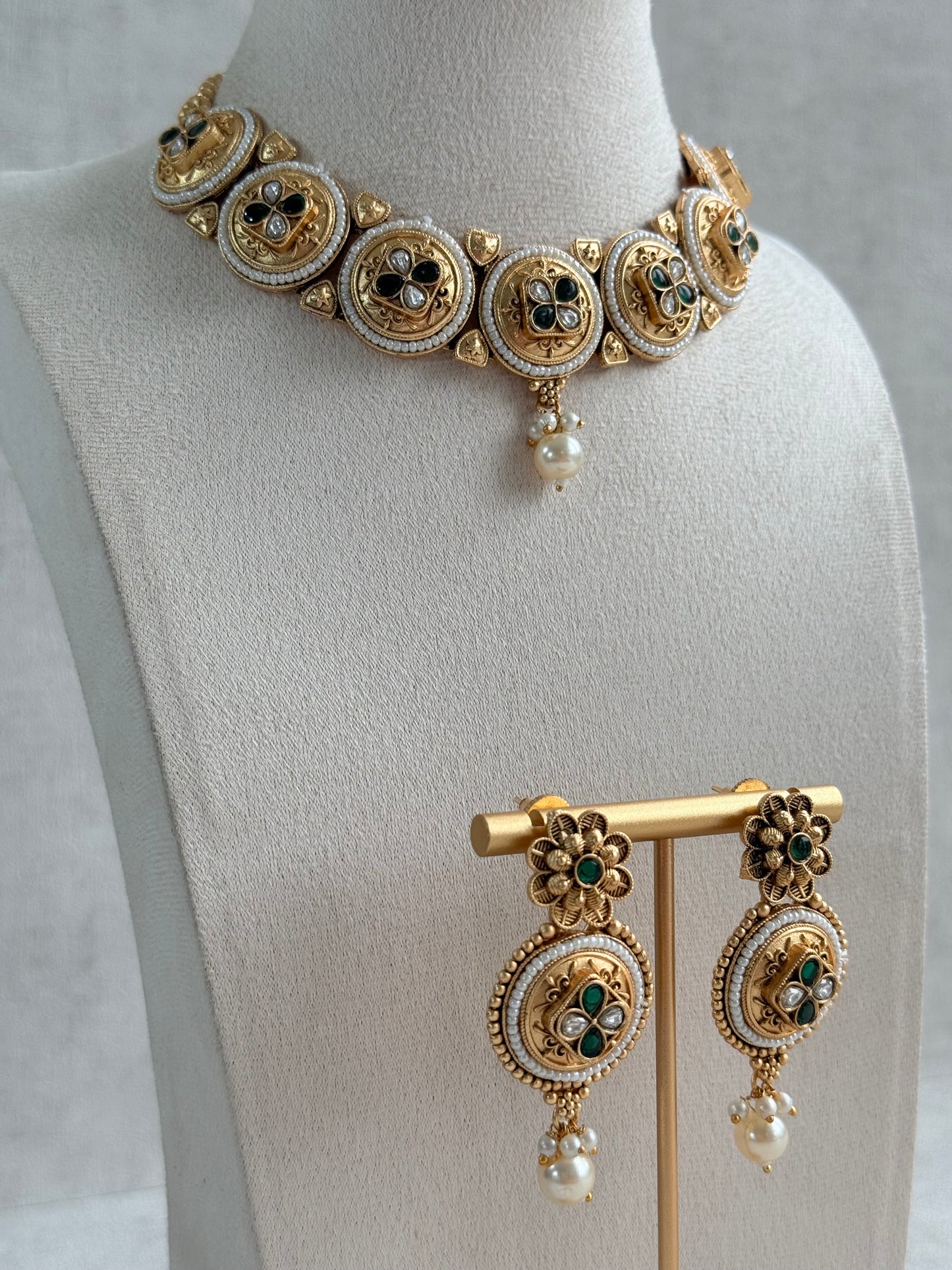 Ayura Designs Kaya Necklace Set with Earrings – Emerald Green Kundan Stones, Pearls & Antique Gold Finish