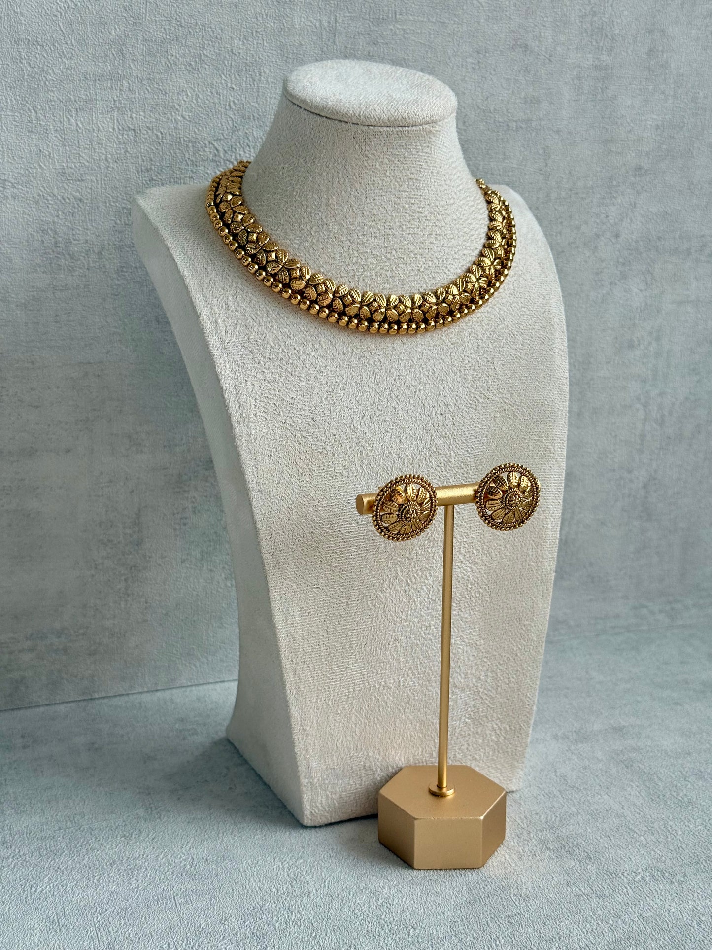 Ayura Designs Sathya Necklace Set with Stud Earrings – Antique Gold Temple Style with Textured Beadwork