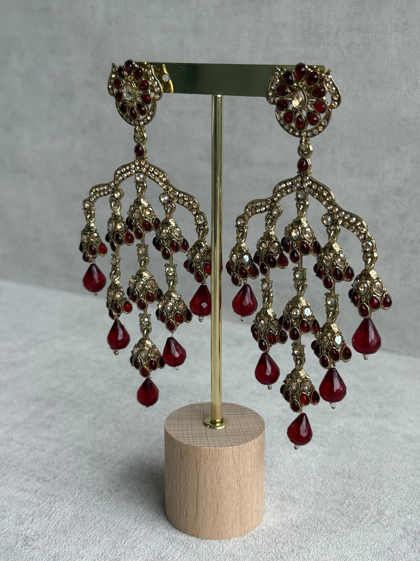 Ayura Designs Jasmine Earrings – Chandelier Earrings with Maroon Beads & Antique Gold Detailing