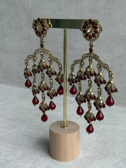 Ayura Designs Jasmine Earrings – Chandelier Earrings with Maroon Beads & Antique Gold Detailing