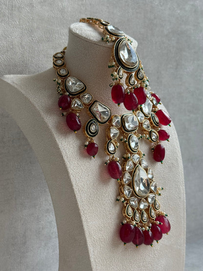 Ayura Designs Serhat Set – Necklace, Earrings & Tikka with Ruby Red Beads, Green Meenakari, Mirror-Cut Polki Stones & Gold Finish