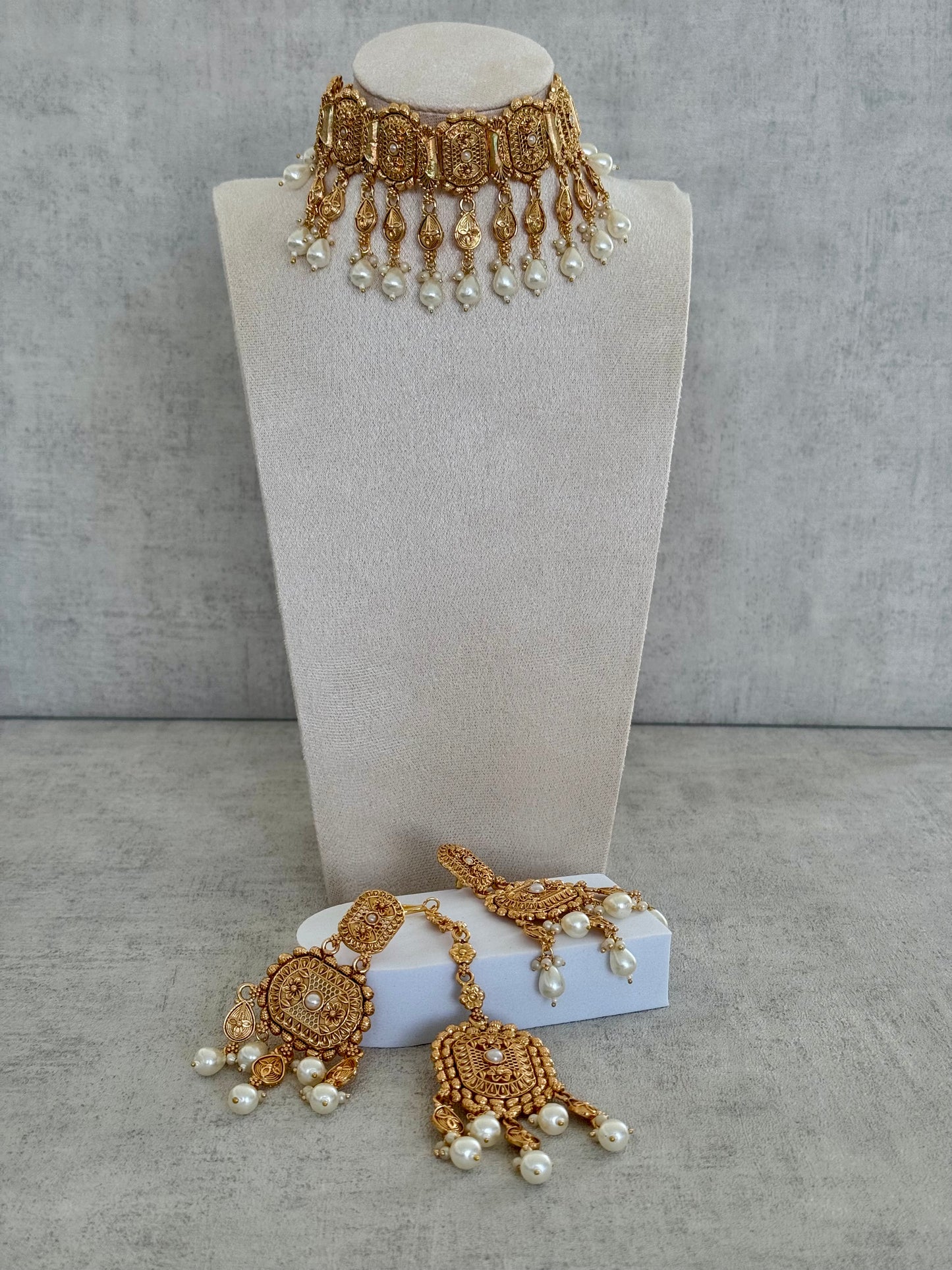 Ayura Designs Elahi Antique Gold-Plated Choker Set with Earrings & Tikka, Adorned with Pearl Drops