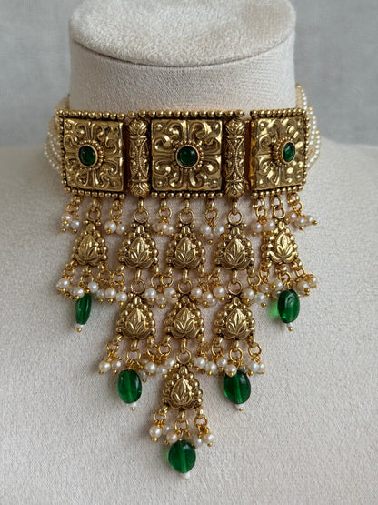 Ayura Designs Nimrah Choker Set with Earrings & Tikka – Emerald Green Gold Tone Waterfall Jewellery Set