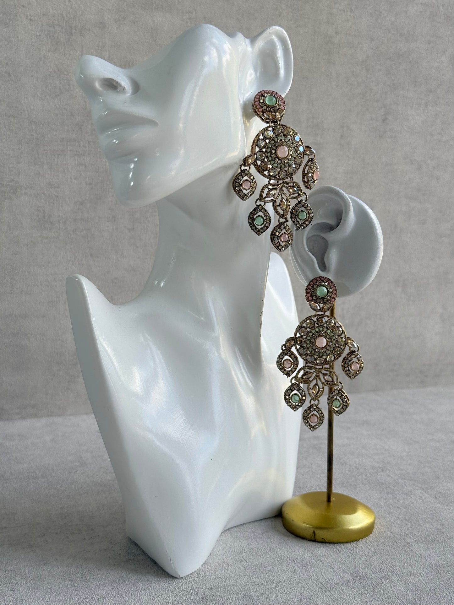 Ayura Designs Vanika Earrings – Mint Green, Blush Pink & Champagne Crystal Gold Finish