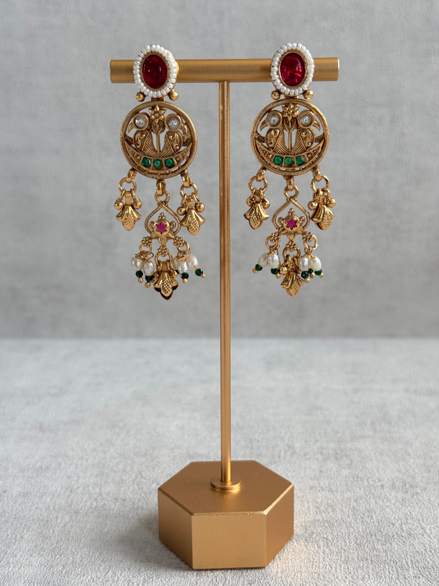 Ayura Designs Parchhai Necklace Set with Earrings – Ruby Red, Rose Pink & Emerald Green Stones, Bird Motifs & Pearl Detailing