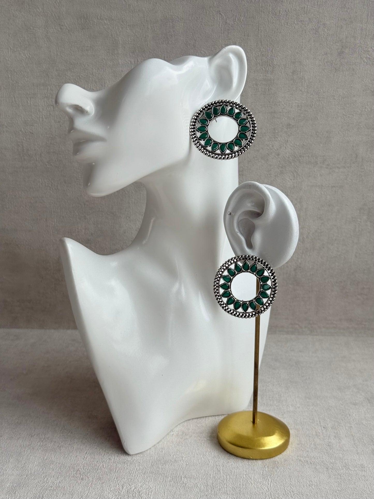 Ayura Designs Kesar Studs – Statement Oxidised Stud Earrings with Emerald Green Stones