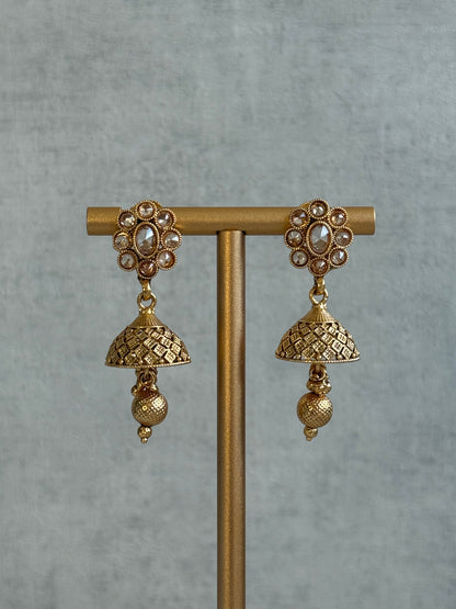 Ayura Designs Kavish Choker Set – Antique Gold Choker with Jhumkis in Champagne Stones & Pearl Detailing