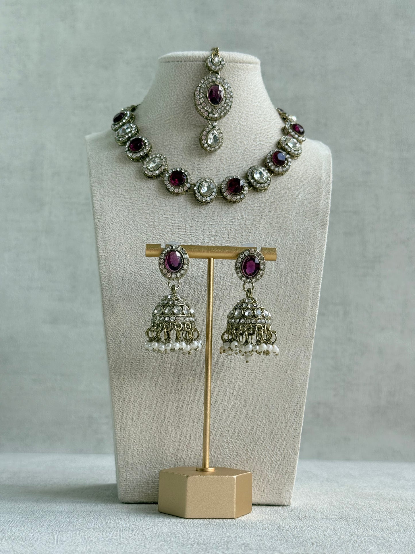 Ayura Designs Eira Necklace Set with Earrings & Tikka – Plum & Crystal Stones with Antique Gold Finish
