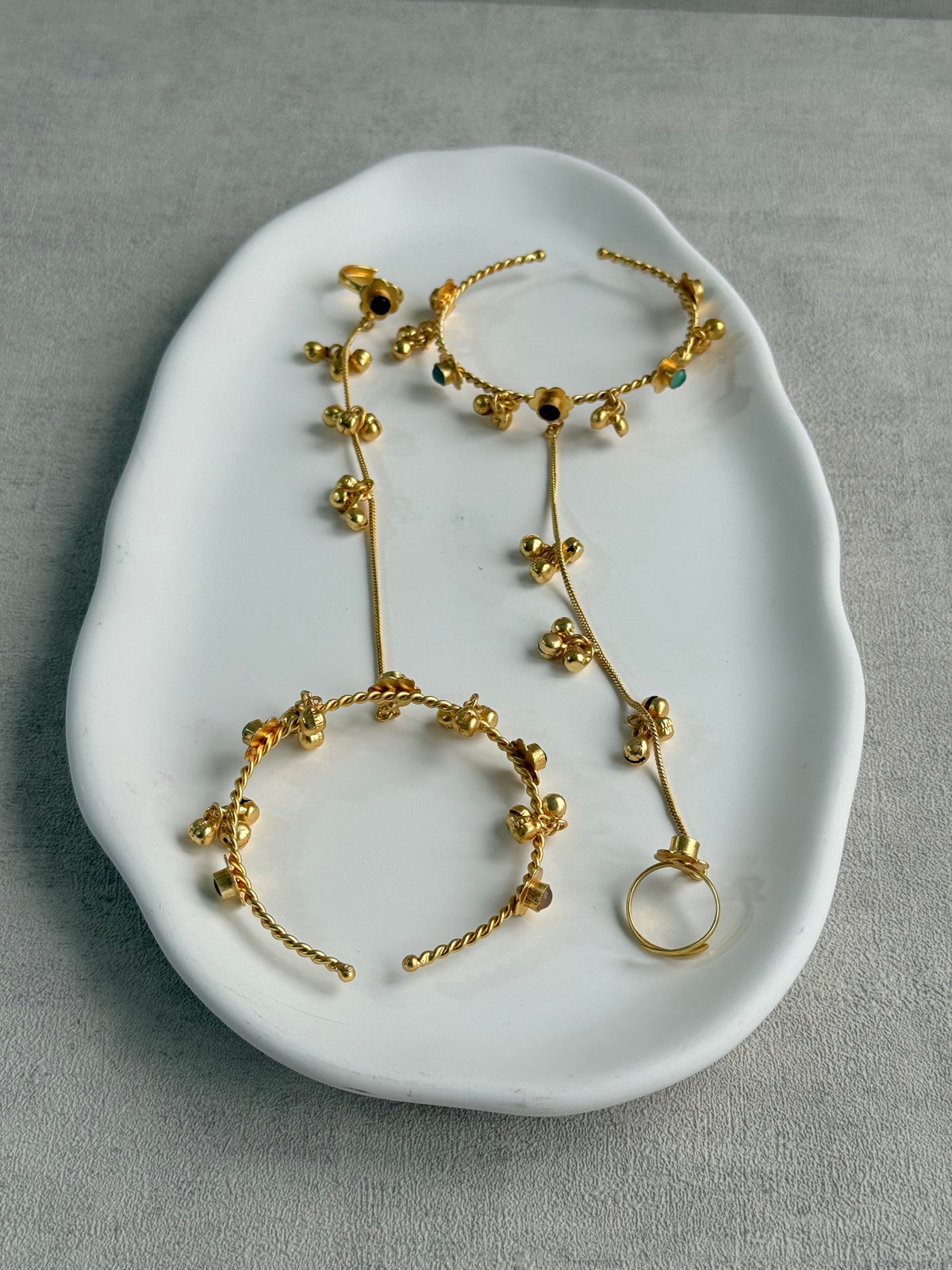 Ayura Designs Kajri Haathphool Set of 2 – Gold Tone Floral Hand Harness with Multicolour Stones & Ghungroo Detailing