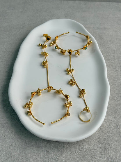 Ayura Designs Kajri Haathphool Set of 2 – Gold Tone Floral Hand Harness with Multicolour Stones & Ghungroo Detailing
