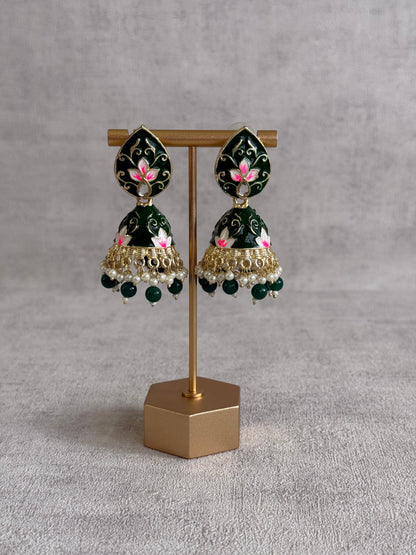Ayura Designs Gia Jhumkis – Emerald Green Meenakari with Pink Lotus Motifs & Ivory Pearl Drops