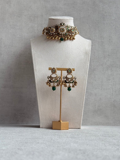 Ayura Designs Sufna Choker Set with Earrings – Emerald Green Stones, Pearl Strands & Kundan Detailing