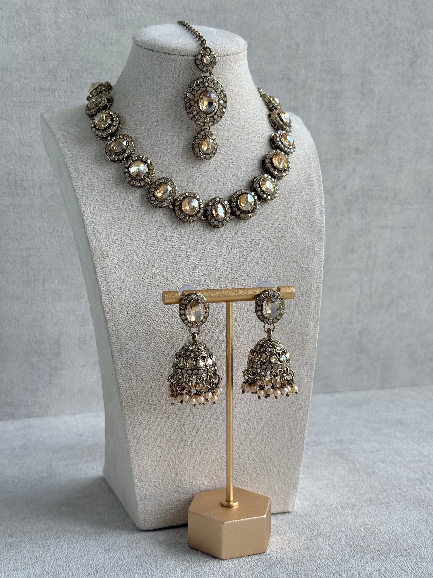 Ayura Designs Eira Necklace Set with Earrings & Tikka – Champagne Gold Crystal Stones with Antique Gold Finish